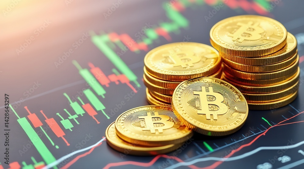 Aufkleber stacks of bitcoin coins on a trading graph background.