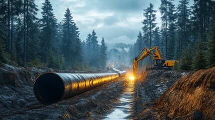Massive pipeline construction project through a misty forest.