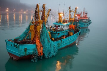 Obraz premium Maritime Calm: Fishing Boats at Anchor in a Misty Harbor