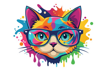 Colorful artistic cat  with colorful paint splatters on white background.