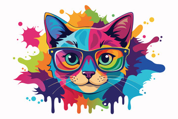 Colorful artistic cat  with colorful paint splatters on white background.