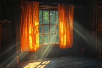 Sunlight streams through orange curtains in a rustic cabin, illuminating the wooden interior