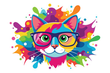 Colorful artistic cat  with colorful paint splatters on white background.
