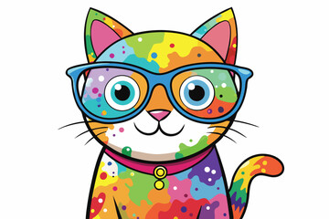 Colorful artistic cat  with colorful paint splatters on white background.