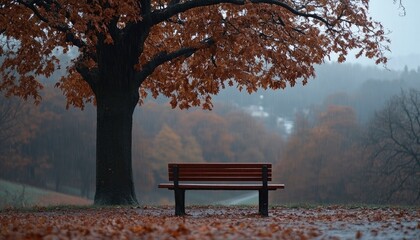 A solitary bench under a large tree amidst autumn foliage in a rainy landscape.