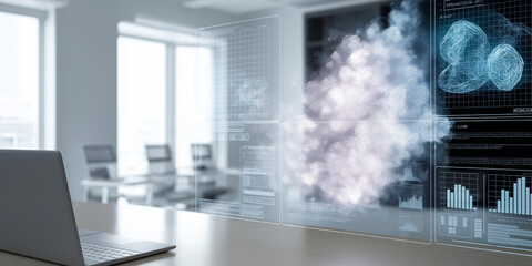 A computer monitor displays a cloud of data with a laptop on a desk