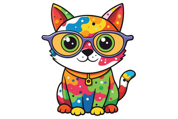 Colorful artistic cat  with colorful paint splatters on white background.