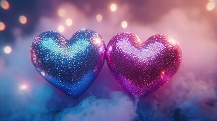 Glittering Hearts Two sparkly hearts amidst dreamy soft clouds