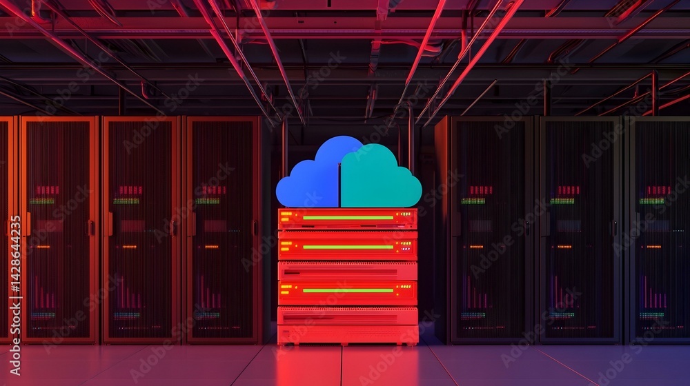 Poster cloud computing data center server room. neon lights illuminate modern technology infrastructure.