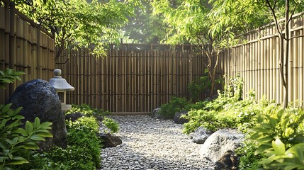 Obraz premium Tranquil Japanese garden enclosure with bamboo fencing.