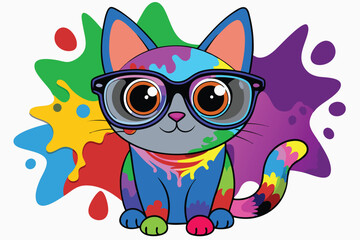 Fototapeta premium Colorful artistic cat with colorful paint splatters on white background.