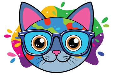 Colorful artistic cat  with colorful paint splatters on white background.
