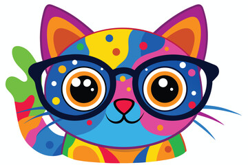 Colorful artistic cat  with colorful paint splatters on white background.