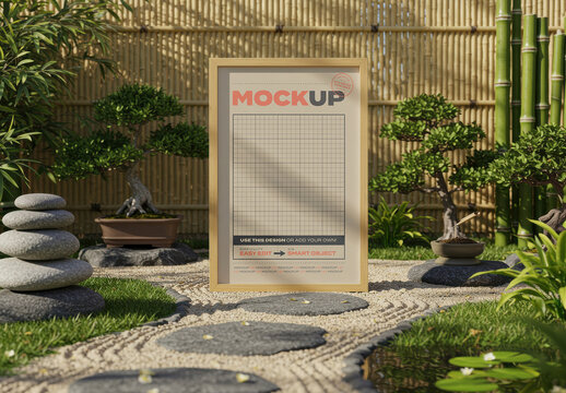 Vertical Frame Poster Mockup on Japanese Garden with Bonsai