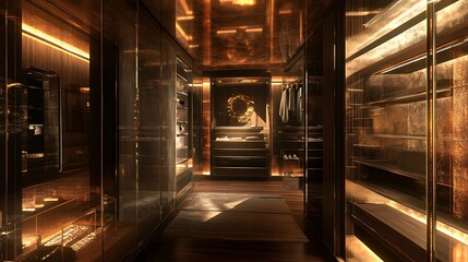 Luxurious, opulent walk-in closet with golden accents.