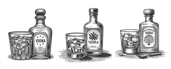 vodka bottles with glasses, ice cubes, and decorative labels in classic black and white set collection bundle sketch engraving generative ai vector illustration. Scratch board. Black and white.
