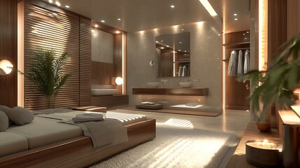 Fototapeta premium A modern, luxurious master bedroom and bathroom suite.