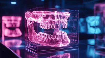 Obraz premium A glowing pink and blue 3D rendering of a human jawbone in a glass cube, with other jawbones in the background.