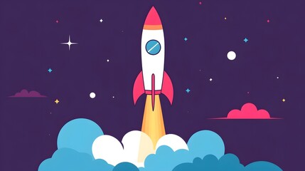 Fototapeta premium Rocket Blasting Off into the Starry Night Sky, Representing Ambition and Technological Progress