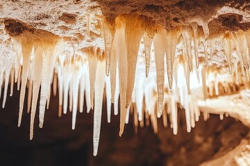 Cave ceiling adorned with numerous, slender, translucent formations resembling icicles