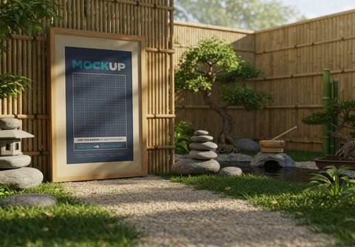 Vertical Frame Poster Mockup on Japanese Garden with Bamboo