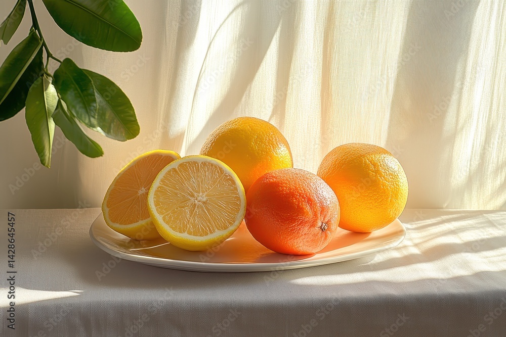 Poster fresh oranges with green leaves arranged on a bright counter illuminated by sunlight in a cozy kitch