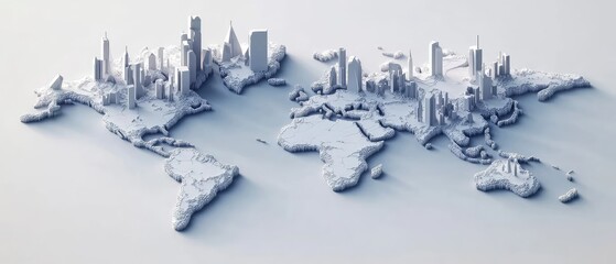 A 3D rendering of the world map with skyscrapers on the continents.