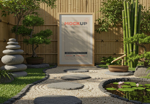 Vertical Frame Poster Mockup on Meditative Japanese Garden