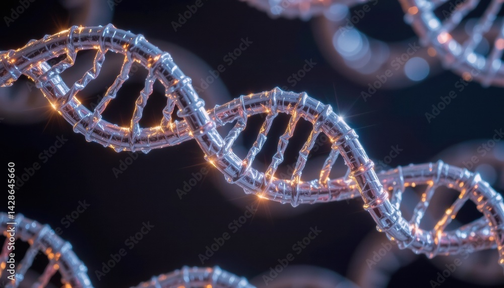 Poster dna helix structure with sparkling details against a dark background.