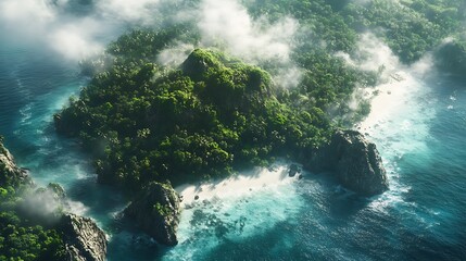 Lush tropical island shrouded in mist, vibrant coastal landscape.