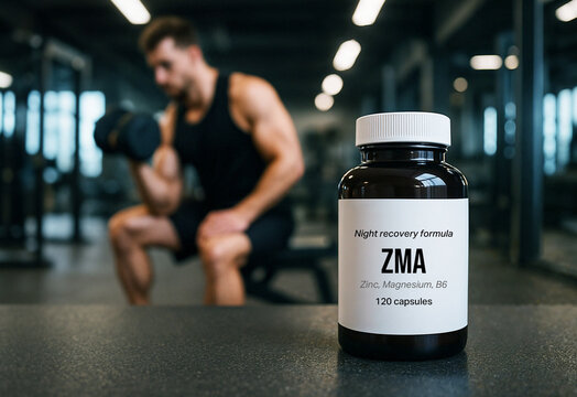 Close-up of ZMA supplement bottle with blurred muscular man in background performing dumbbell exercise in gym, highlighting nutritional support and fitness recovery