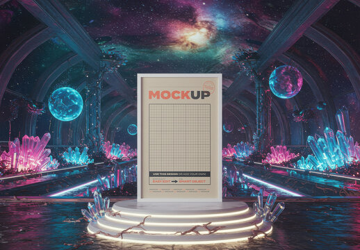 Vertical Frame Poster Mockup on Stand Crystals Space Temple