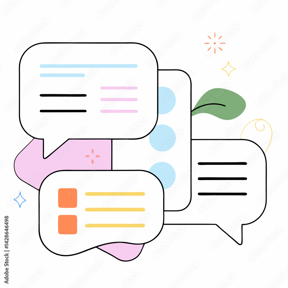 Poster colorful speech bubbles with text and decorative elements create lively communication atmosphere, pe