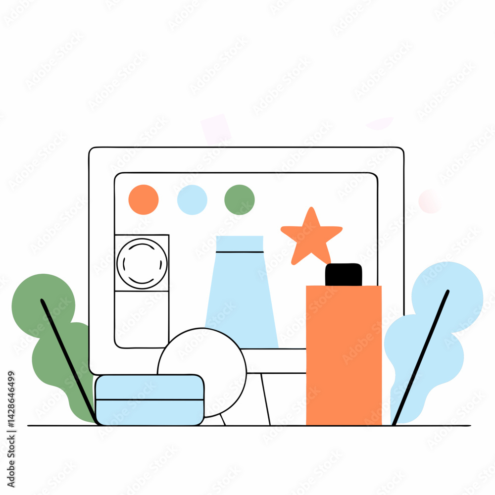 Poster modern workspace featuring computer displaying product designs, surrounded by various packaging elem