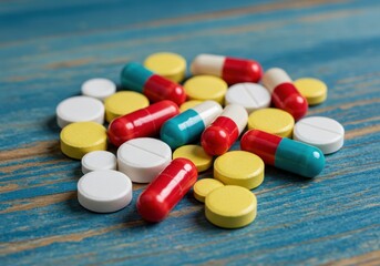 Colorful pills and tablets on rustic blue wooden surface with contrasting textures and artistic feel