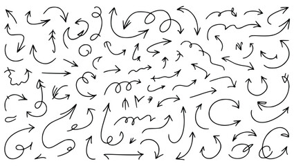 Collection of hand drawn doodle arrows direction indicators in black