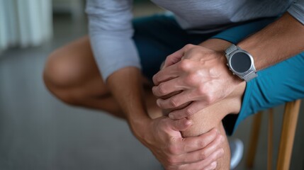 man is gripping his thigh, showing signs of discomfort or pain. He is wearing casual outfit, including light gray long sleeve shirt and blue shorts. setting appears to be indoors, with soft focus