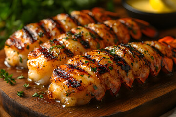 Grilled lobster tail with garlic butter served on a wooden platter