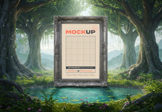 Vertical Ornamented Frame Mockup on Magical Forest