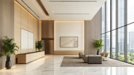 Modern Lobby Design: Sophisticated Minimalist Interior with City Views
