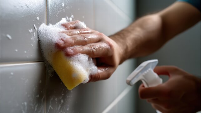 person is cleaning grout on tiled walls using sponge and soap foam, showcasing close up of cleaning process. image conveys sense of cleanliness and home maintenance