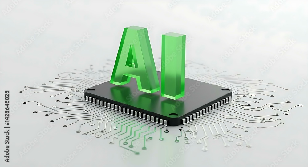 Aufkleber Close up view of a microchip with lit artificial intelligence text on it. Ai cpu concept. Technology background chip with green ai text. Ai tech.