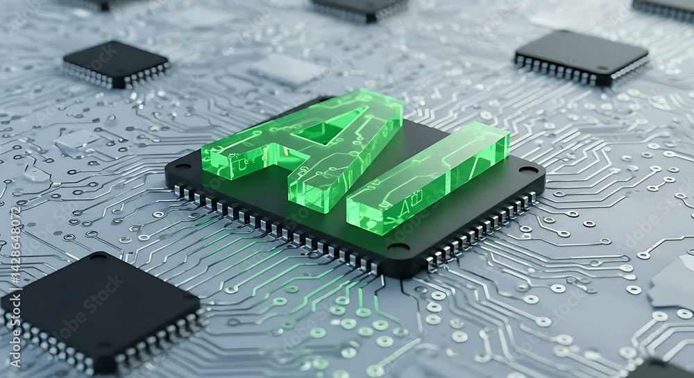 Aufkleber Close up view of a microchip with lit artificial intelligence text on it. Ai cpu concept. Technology background chip with green ai text. Ai tech.