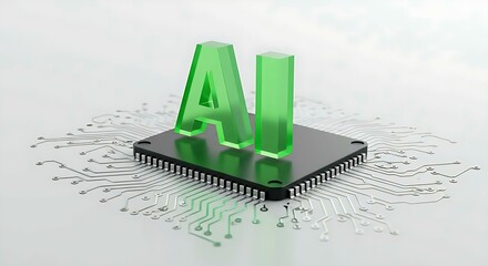 Close up view of a microchip with lit artificial intelligence text on it. Ai cpu concept. Technology background chip with green ai text. Ai tech.