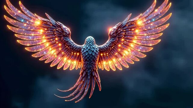 Fabulous phoenix bird with fiery and shining feathers flying on dark background, rear view. The concept of flight, bird, phoenix.