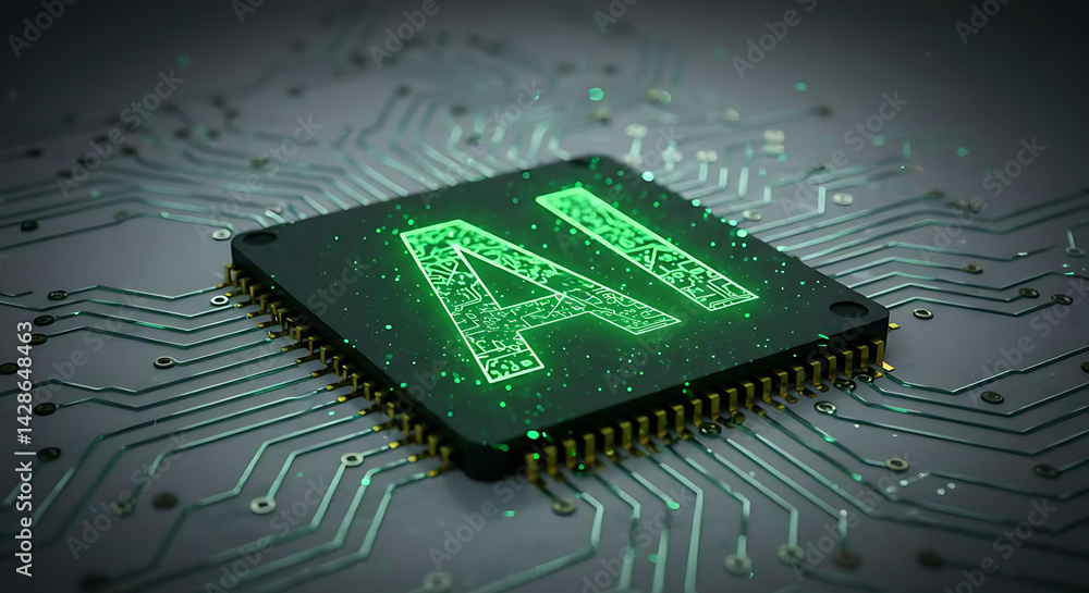 Fototapete close up view of a microchip with lit artificial intelligence text on it. ai cpu concept. technology