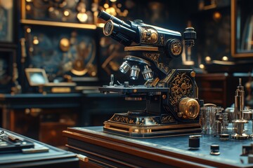 Fototapeta premium Elegant black and gold microscope with ornate detail on a dark surface. Perfect for illustrating science, history, or intricate design concepts.