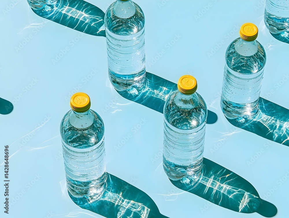 Poster refreshing water bottles arranged in a stylish pattern against a light blue background, casting uniq