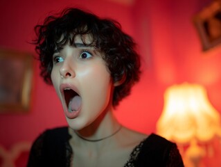 Fototapeta premium A young woman with short, curly hair looks shocked and surprised, her mouth wide open in a dimly lit, pink room