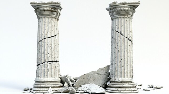 A serene scene featuring two broken marble pillars against a white background.